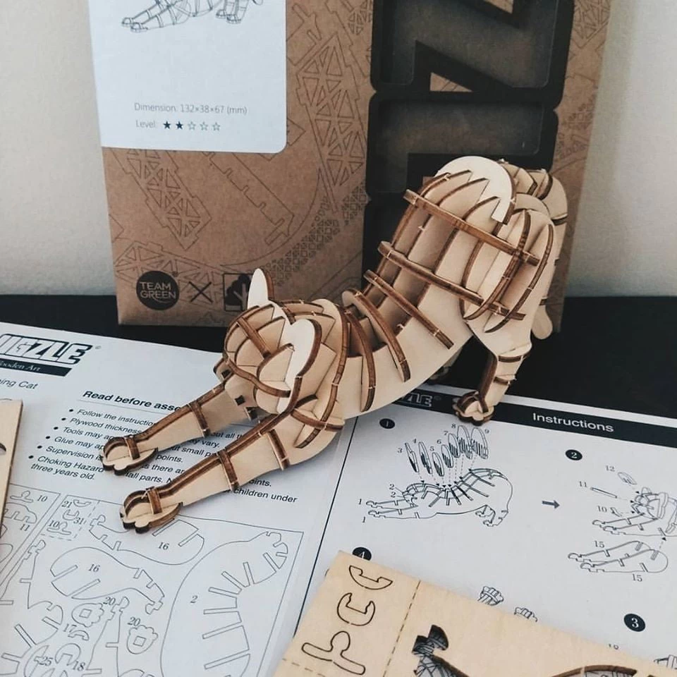 Kigumi Stretching Cat Plywood Puzzle 3 Kigumi Stretching Cat Plywood Puzzle